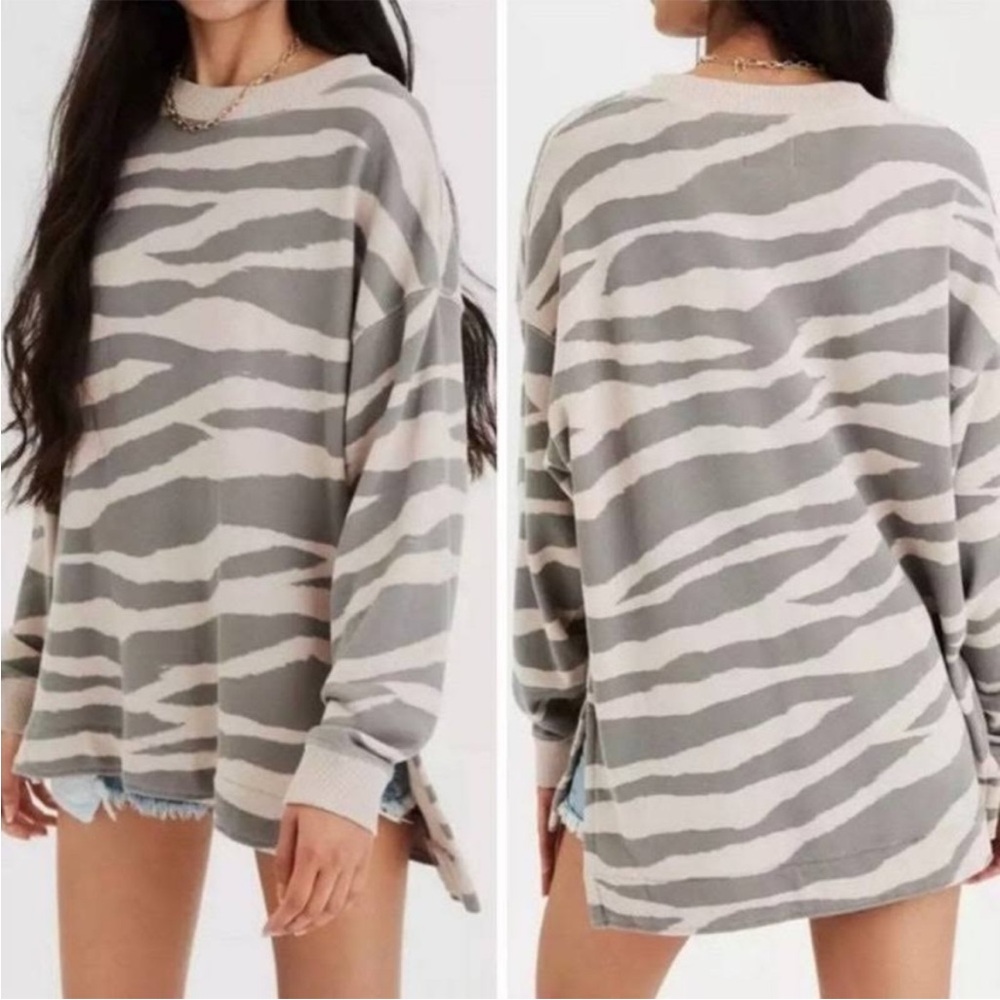 American Eagle Outfitters Gray and White Crew Neck Sweater